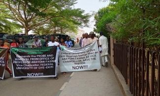 Protesters at the Ministry of Education Abuja demand suspension from the Fuoye Vice-Chancellor for alleged sexual harassment