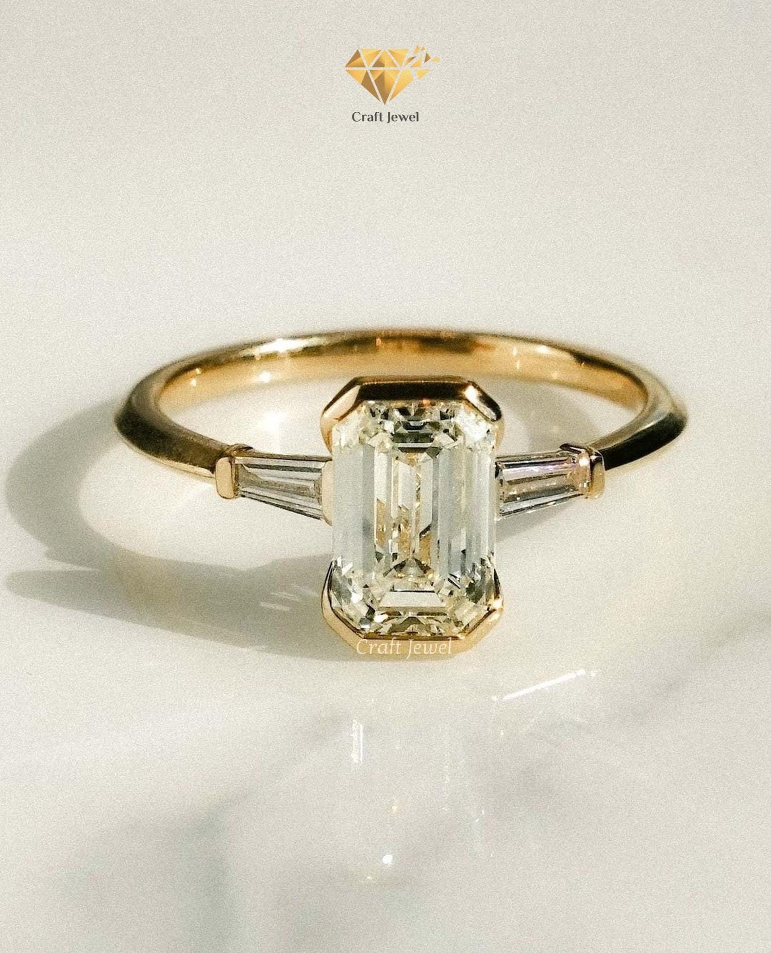 Emerald Cut Moissanite Engagement Ring, Three Stone Wedding Ring, Half Bezel Set… – ryan