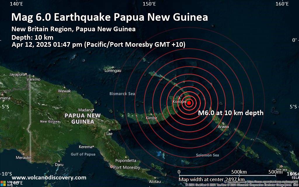 Very strong power. 6.2 EARTHQUAKE – South Pacific Ocean, 82 km Southwest of Ambitle Island, Papua New Guinea, on Saturday, Apr 12, 2025, at 1:47 pm (GMT +10) – – Volcanodiscovery