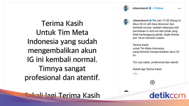 Ridwan Kamil’s Instagram account was recovered after being hacked