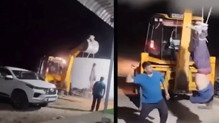 Historyheater in Rajasthan brutally beat the driver of JCB, a video of viral beat – in Rajasthan a history brutally beat a driver by hanging him on a JCB