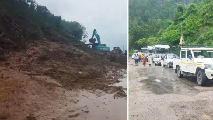 Himachal landslide: Hundreds of vehicles trapped in Narla on Pathankot -mandi NH, hundreds of vehicles, video -Landslide blocks Mandi Patankot NH near Narar Narla vehicles stranded in Himachal Pradesh, stranded