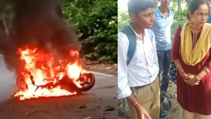 Pilibhit Scooty Fire: Mother-Son’s Life, Dadati Scooty Beach Fire Ball-Scooty turns into fireball in Bisalpur mother and son escapes unharmed