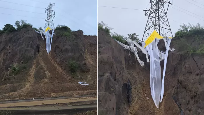 Video: Tower of a high tension line about falling along the trout in Noorpur, people in panic; After all, whose negligence? – Himachal Pradesh landslide threatens a high tension line tower near Fourlane in Nurpur Kangra