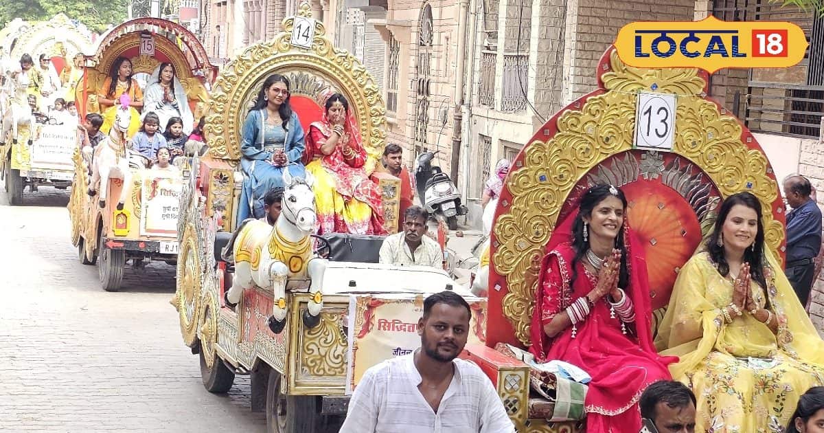 The unique varaghoda of Jain Society in Barmer, Elephant, Chariot and Vintage Car on the Car