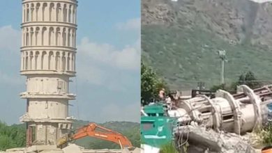 Illegal construction collapsed in Anasagar lake, ‘Pisa’s Tilted Minar’ was dropped from the bulldozer