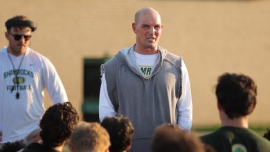 first-day-of-football-practice:-unique-coach-tom-zbikowski-makes-a-splash-at-st.-patrick
