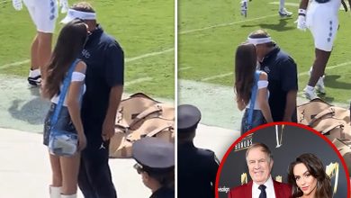 jordon-hudson-chats-with-bill-belichick-in-miniskirt-sooner-than-unc-football-recreation