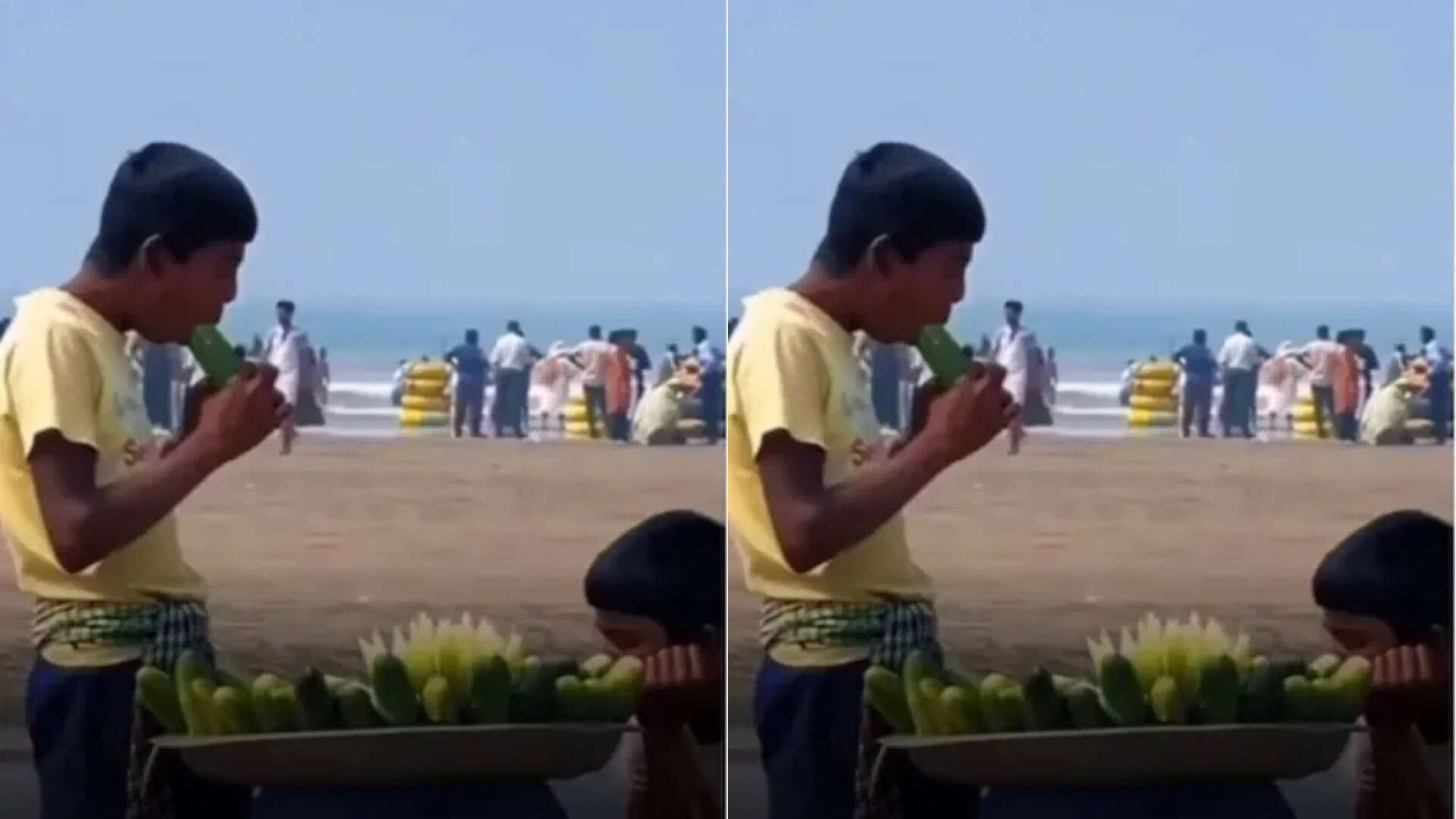 A young man was seen selling cucumbers by spitting on them in front of a crowd of thousands on the sea, you will be disgusted after watching the viral video