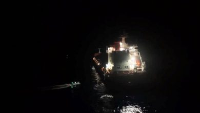 Ship on fire after being hit off the coast of Yemen in the Gulf of Aden, the British military says