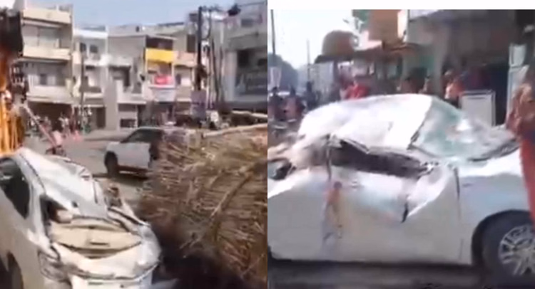 Narsinghpur:कार पर पलटी गन्ने की ट्रॉली, टायर फटने से मची अफरा-तफरी, शख्स बचा बाल-बाल - Narasinghpur Trolley Accident Shift Car Tire Burst Road Safety