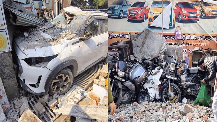 रफ्तार का कहर:दुकान में घुसी कार...गिर पड़ी छत, क्षतिग्रस्त हुए कई वाहन; चार युवक घायल - Speeding Car Crashed Into Shop, Four People Injured