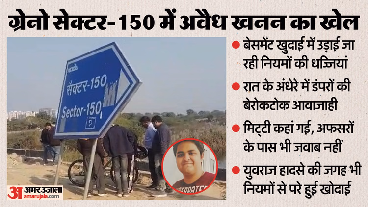 सेक्टर-150 में खनन का खेल:नियम कागजों में कैद...जमीन पर मूकदर्शक सिस्टम, युवराज हादसे की जगह भी अवैध खोदाई - Excavation Against Rules At Site Of Yuvraj Accident In Greater Noida Sector-150