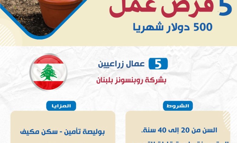 “العمل” تعلن عن 5 فرص عمل في لبنان على مهنة عمال زراعين – ryan