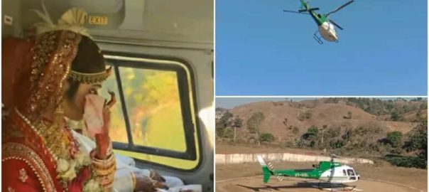 As ‘the groom descends from the sky’ to take the bride, villagers gather to watch the wedding procession by helicopter