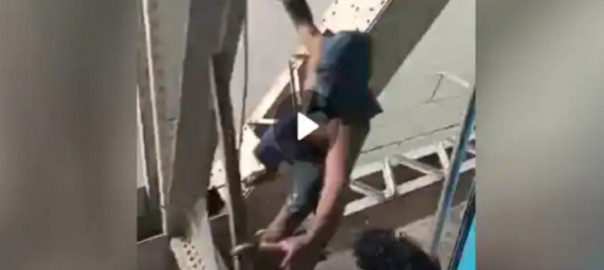 While swinging on the bridge with the help of a rope, the robber stole the phone from the moving train, everyone was shocked.